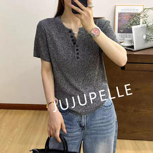 莱赛尔100~亮片花纱剪刀领2026早秋款百搭宽松针织衫中袖套头女士