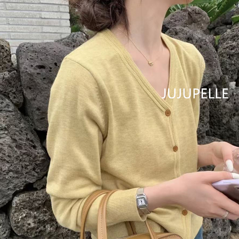 小v开衫韩系氛围感纯色针织外套女春季薄款百搭毛衣内搭短款上衣