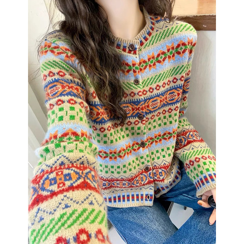 费尔岛提花民族风复古衣2025春季新款洋气百搭宽松显瘦针织衫女款,女装/女士精品,毛针织衫,淘宝优惠券,粉丝福利购,淘宝优惠卷