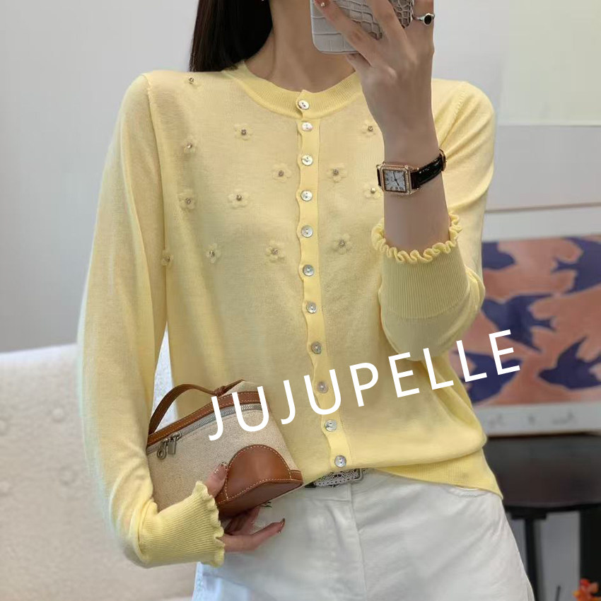 绵羊毛~纯色立体小花钉珠开衫2026春夏新款宽松针织衫女上衣长袖