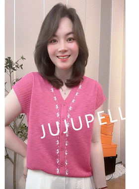 天丝~刺绣枫叶设计感v领2025夏季针织开衫短袖女士百搭上衣薄
