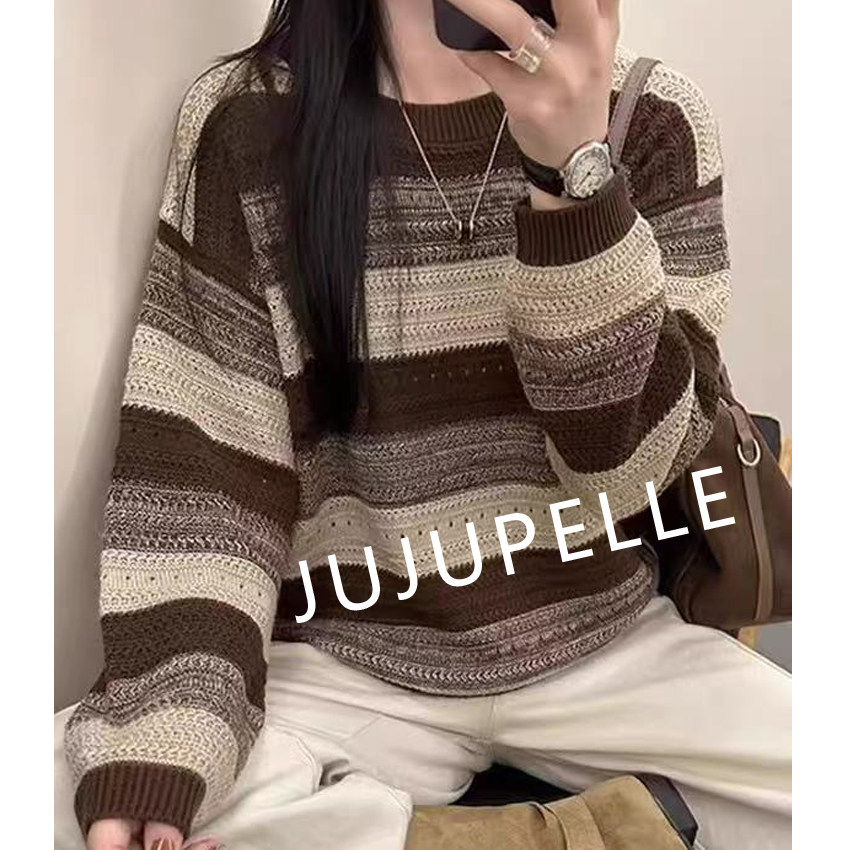 条纹撞色早秋圆领针织衫2025年韩版慵懒风百搭宽松女长袖上衣套头