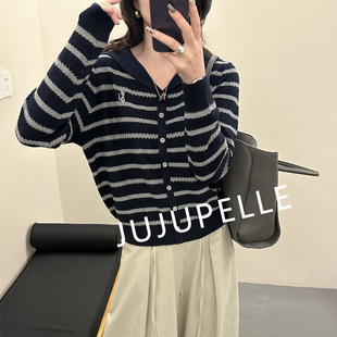 海军领刺绣条纹开衫V领2026早春减龄显瘦针织衫毛衣宽松上衣女款