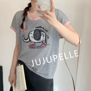 圆领针织衫 竹节麻 气球小象亮片撞色2025夏季 新款 T恤上衣女士 短袖