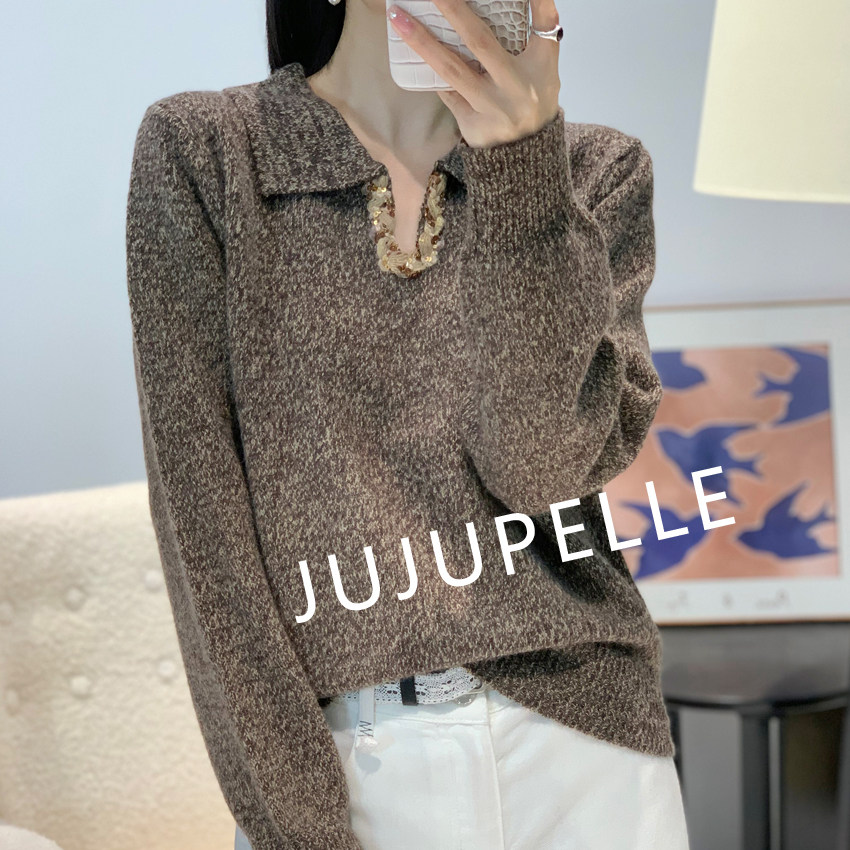 纯色轻奢小V翻领2025年秋季韩系百搭宽松毛衣女款长袖针织衫套头