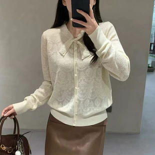 秋日氛围感早春新款蝴蝶结提花针织衫毛衣打底衫宽松休闲女士洋气