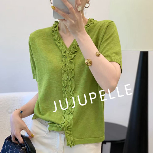 竹节麻~波浪花边V领纯色2026夏季新款宽松百搭针织衫女上衣中袖薄