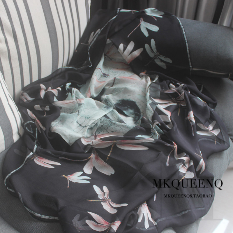 2024秋冬蜻蜓骷髅头丝巾桑蚕丝大方巾女百搭披肩骷髅真丝防晒围巾