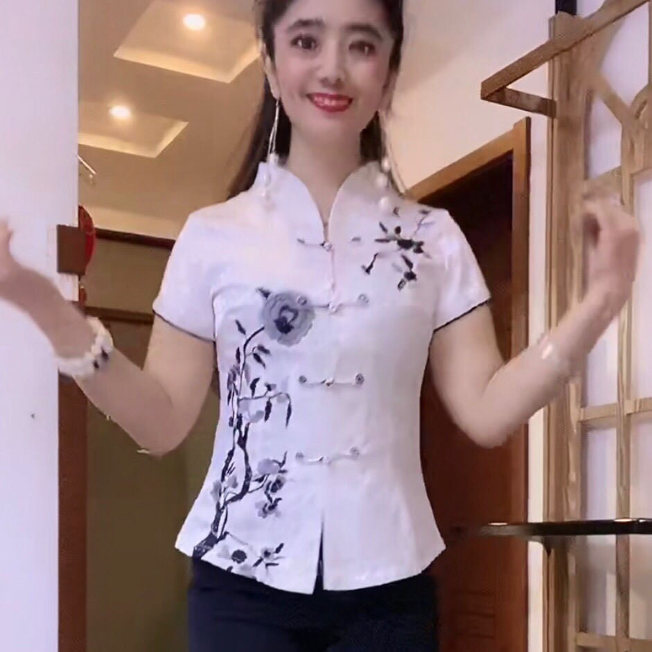 旗袍上衣短袖潮流女士唐装民族风夏装改良时尚礼服女士绣花上衣