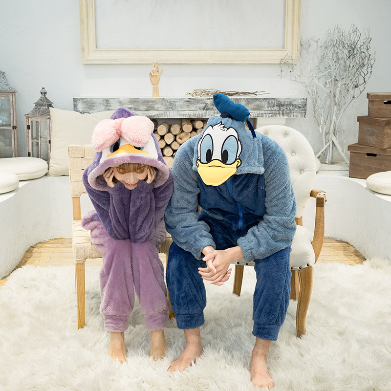 唐老鸭连体睡衣秋冬珊瑚绒情侣唐老鸭家居服亲子可爱米老鼠连帽冬