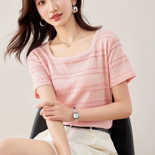 Тонкая трикотажная летняя футболка с коротким рукавом, летняя одежда, французский стиль, круглый воротник, 2025 года, по фигуре