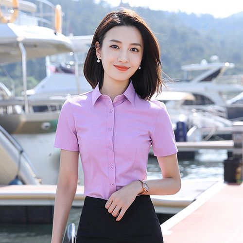 紫色短袖衬衫女夏季面试工装职业衬衫套装商务酒店前台经理工作服