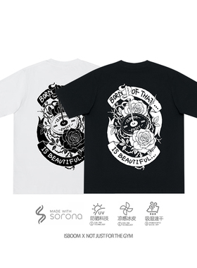 ISBOOM (DP系列) “荆棘钢魂” 玫瑰杠铃片印花健身宽松短袖t恤男