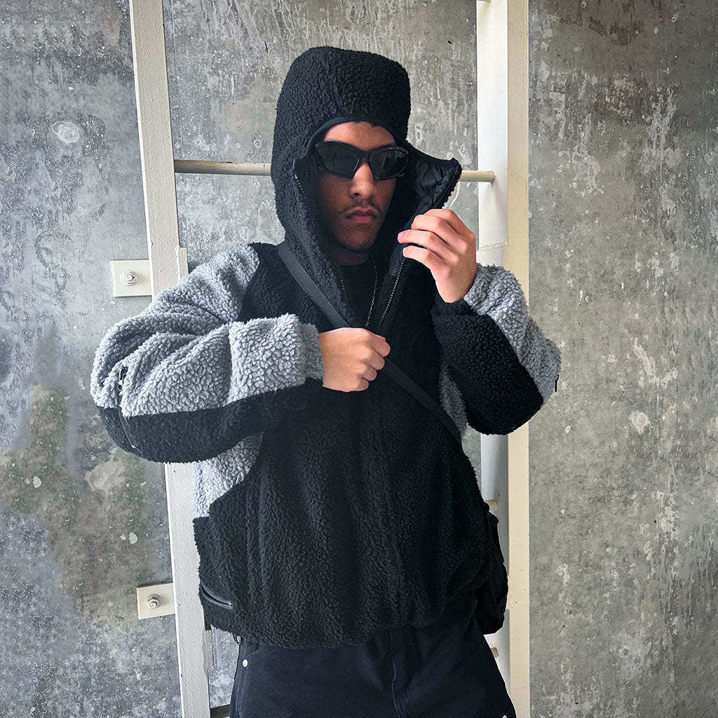 欧美拼色连帽加厚保暖摇粒绒外套