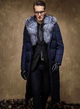 2025冬装长款过膝羽绒服男士加厚修身高端银狐大毛领鹅绒服大码
