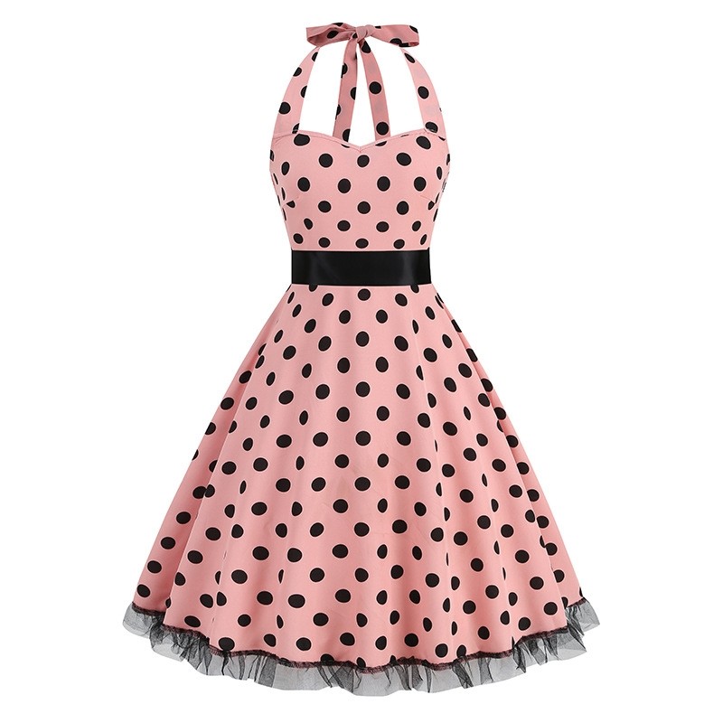 欧美复古女神年代感气质波点显瘦港风舞蹈表演派对挂脖大摆连衣裙