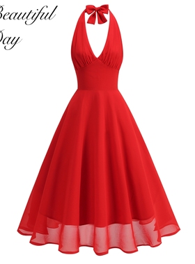 美式复古仙气红色港风女神性感挂脖显瘦度假高腰表演飘逸连衣裙子