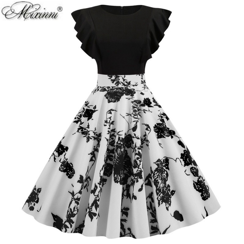 赫本风气质显瘦vintage复古黑白配港风50年代印花修身大摆连衣裙