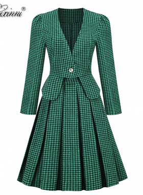 英伦时尚复古气质女装港风绿色千鸟格子长袖西装外套通勤显瘦套装