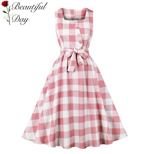 港风复古无袖格子气质大码女装法式优雅显瘦度假表演大摆连衣裙