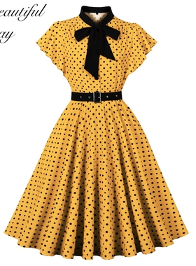 港风怀旧复古显瘦80年代波点派对表演短袖收腰优雅大摆赫本连衣裙