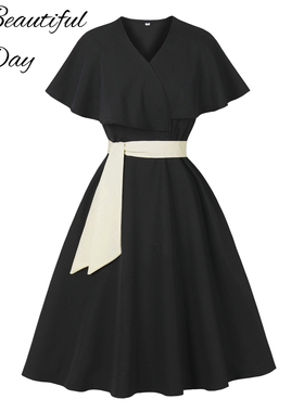 法式复古大码女装赫本风优雅黑色V领斗篷袖收腰显瘦大摆连衣裙