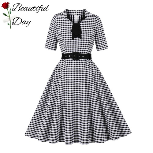 欧美复古气质格子显瘦法式年代感短袖女装舞蹈表演派对收腰连衣裙