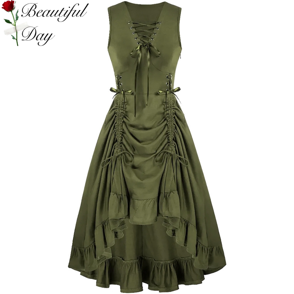 欧美法式Vintage复古宫廷风百搭高腰显瘦中长大码洋气连衣裙女夏