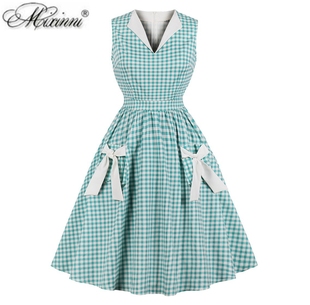 赫本风气质田园风Vintage小众复古着感格子无袖 显瘦大摆连衣裙夏