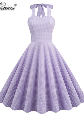 赫本复古洋气港风怀旧年代少女感仙气紫色挂脖露背表演大摆连衣裙