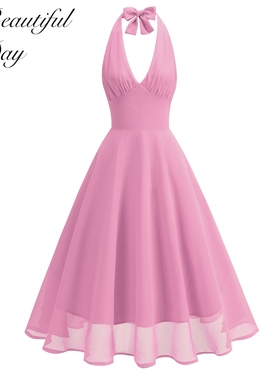 美式复古仙气港风女神性感显瘦度假野餐挂脖高腰表演大摆连衣裙