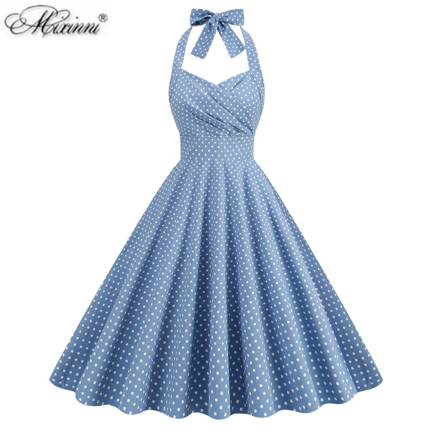 美式复古气质性感波点挂脖露背显瘦少女港风度假收腰大摆连衣裙夏