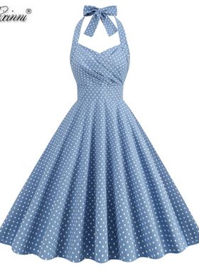 美式复古气质性感波点挂脖露背显瘦少女港风度假收腰大摆连衣裙夏