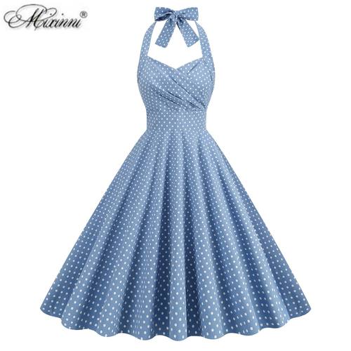 美式复古气质性感波点挂脖露背显瘦少女港风度假收腰大摆连衣裙夏