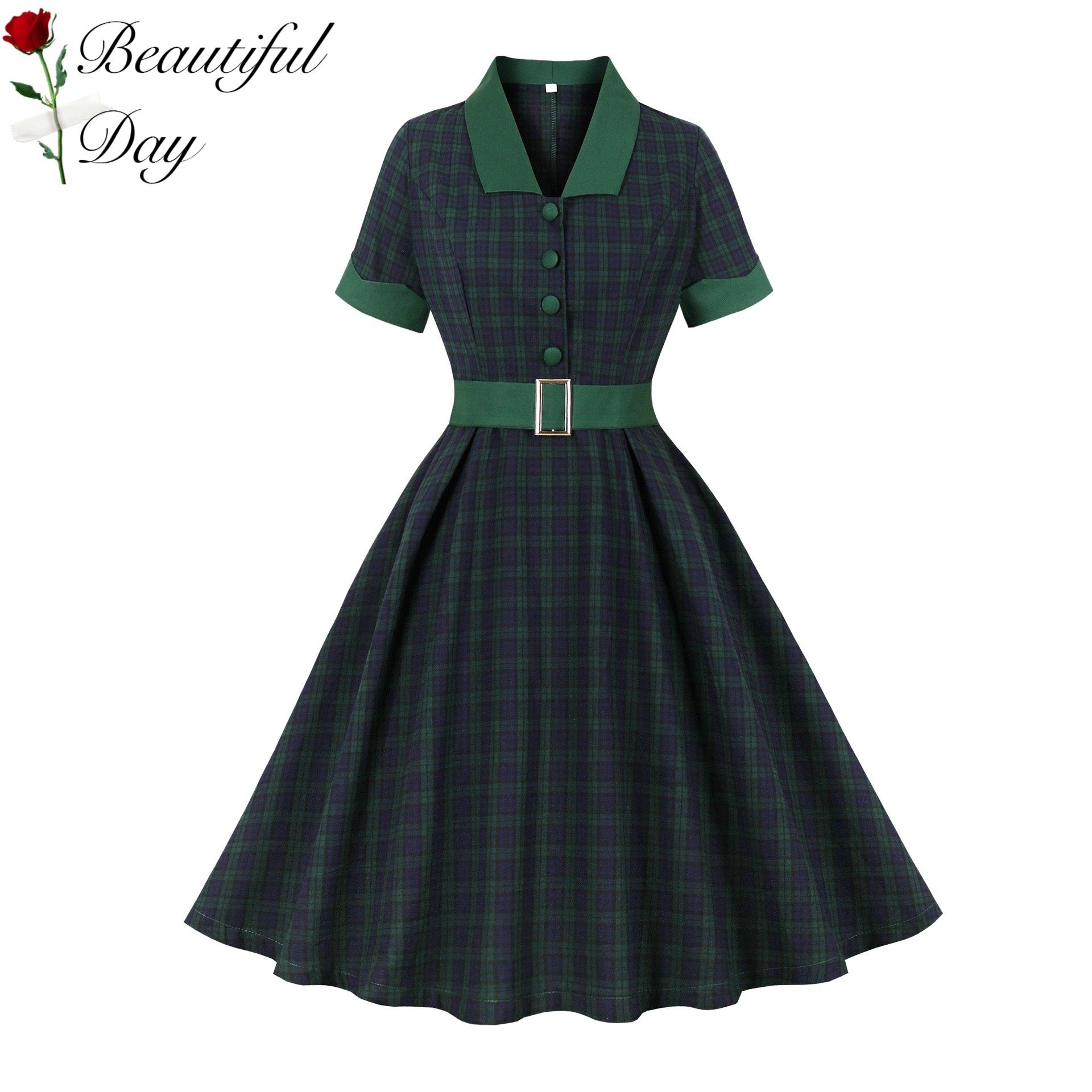 欧美复古50年代感大码气质赫本风原创女装英伦格子中长大摆连衣裙