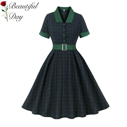 欧美复古50年代感大码气质赫本风原创女装英伦格子中长大摆连衣裙