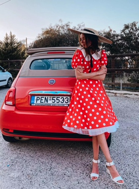 港风气质复古年代甜美少女感娃娃领红波点派对表演显瘦中长连衣裙