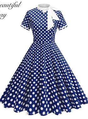 法式复古年代感气质波点显瘦港风减龄年会表演派对短袖大摆连衣裙
