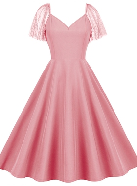 法式复古Vintage赫本气质短袖女装港风黑色显瘦网纱大摆连衣裙夏