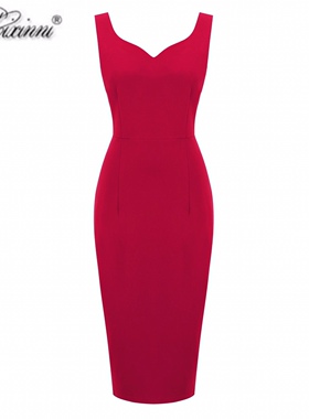 欧美小众复古无袖气质港风女神红色性感修身包臀显瘦中长款连衣裙