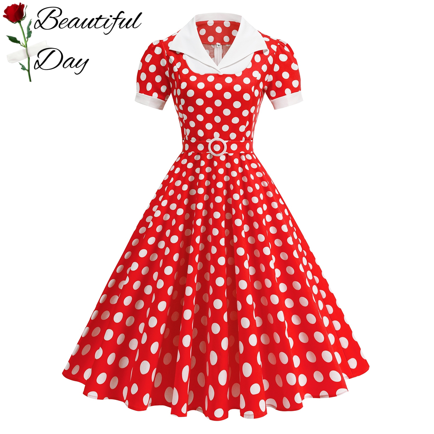 法式复古气质波点显瘦港风年代感短袖女装舞蹈表演派对收腰连衣裙