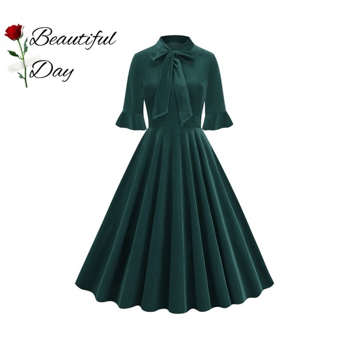 欧美复古秋季礼服赫本风气质金丝绒中袖女装港风显瘦大摆连衣裙