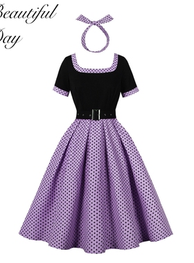 欧美复古气质波点显瘦港风年代感短袖女装表演派对拼接大摆连衣裙