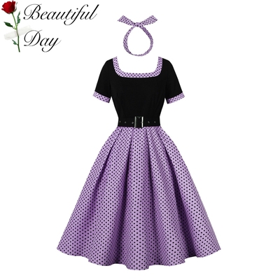 欧美复古气质波点显瘦港风年代感短袖女装表演派对拼接大摆连衣裙