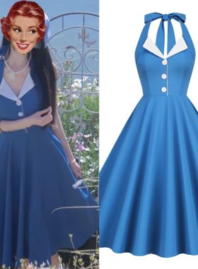 美式复古女神港风气质年代感波点表演派对显瘦挂脖度假大摆连衣裙