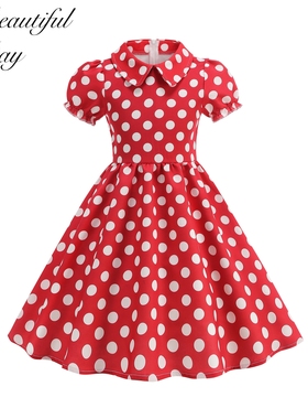 港风复古宫廷领波点女童洋气短袖儿童法式可爱甜美表演大摆连衣裙