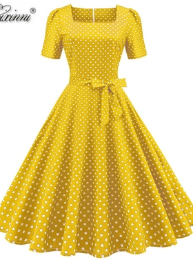 赫本气质港风复古方领年代少女感波点收腰年会表演舞蹈大摆连衣裙