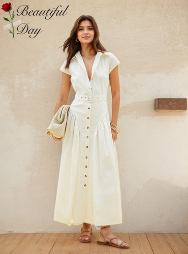 法式复古翻领长裙女装单排扣港风显瘦短袖时尚简约通勤度假连衣裙