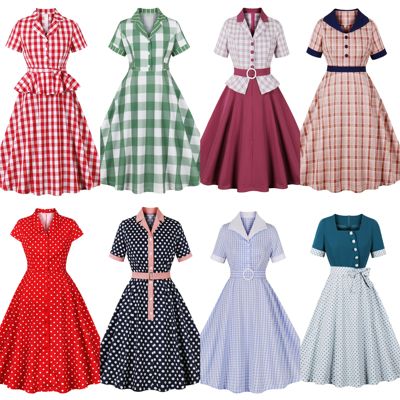 港风复古气质波点显瘦法式年代感短袖女装舞蹈表演大摆中长连衣裙