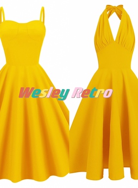 美式复古仙气港风女神性感显瘦度假野餐挂脖高腰中长大摆连衣裙夏